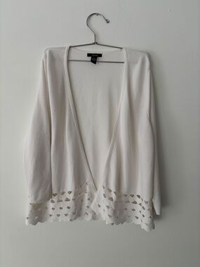 Alfani Womens Open Front Knit Cardigan Ivory White Cutout Scalloped Hem Size S